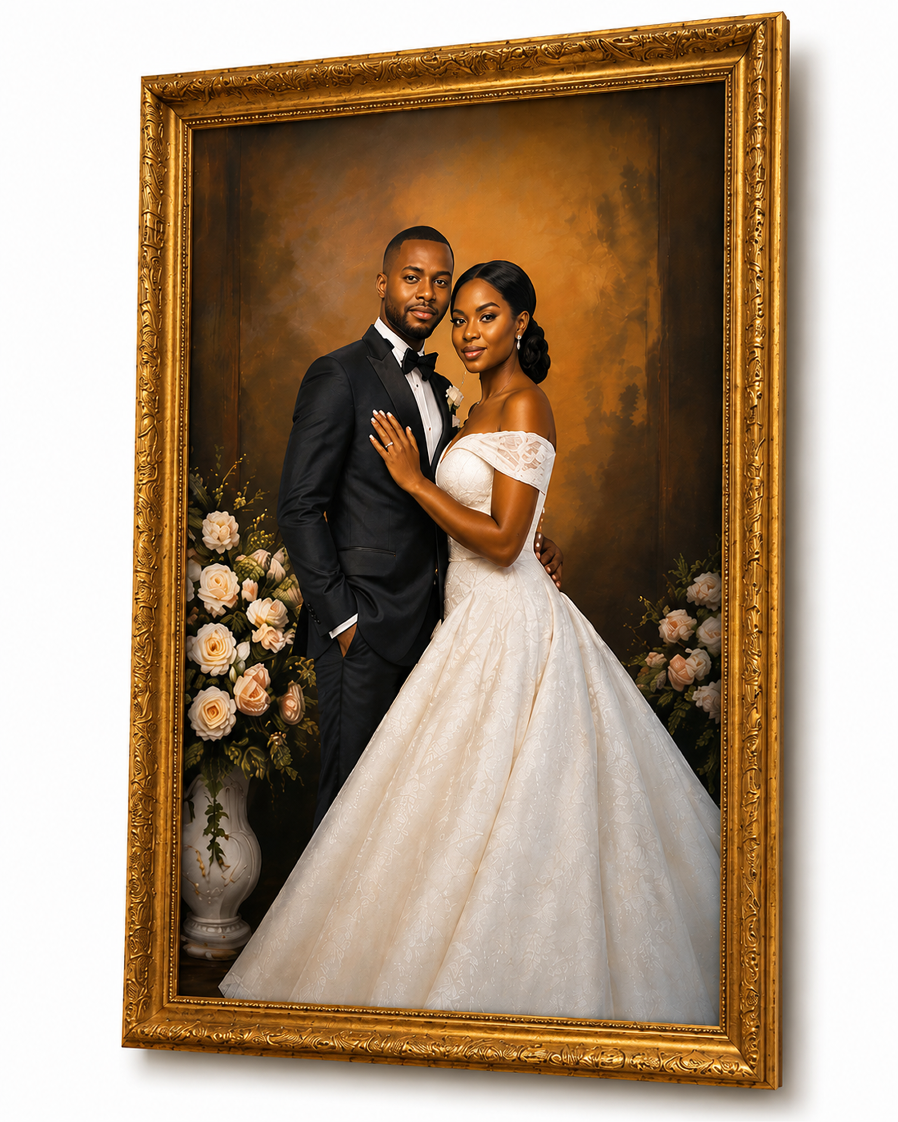 A commissioned portrait in an ornate gold frame